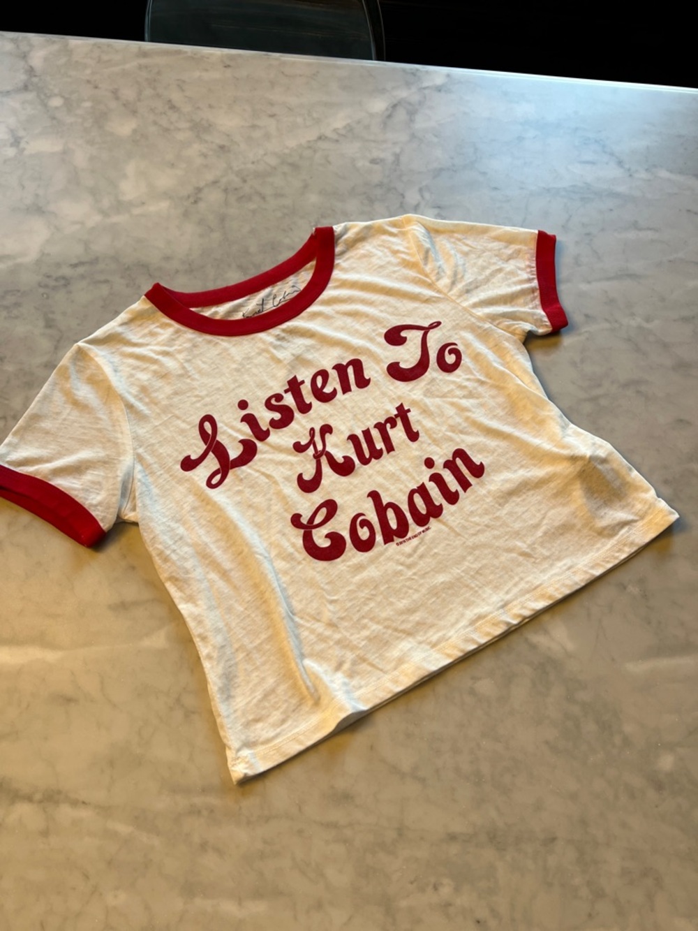 Listen to Kurt Cobain cropped ringer tshirt. Womens small. Retro
